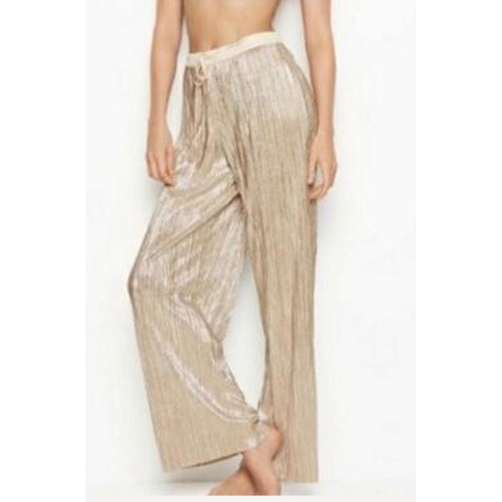 Victorias Secret Lounge Pants Medium Gold Pleated Metallic Wide Leg Resort Beach